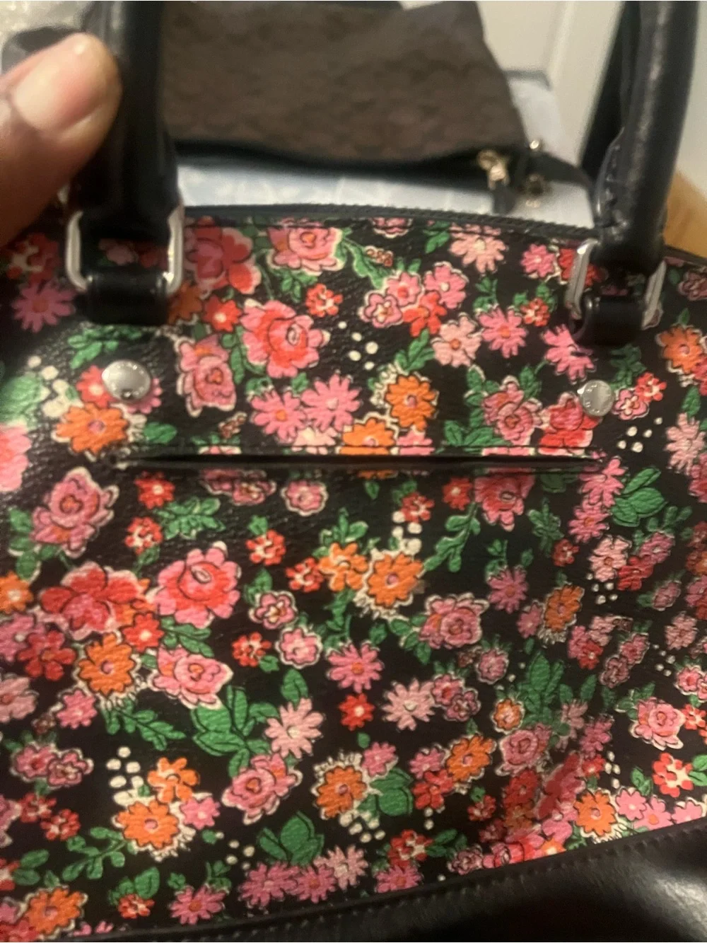 COACH Black Floral Dome Satchel with Pink and Green Accents like new